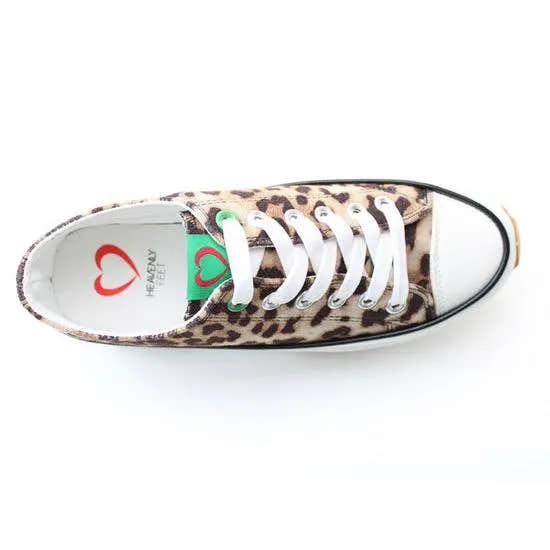 Heavenly Feet Strata ladies' brown cheetah-print vegan lace-up trainers with white laces and rubber sole.