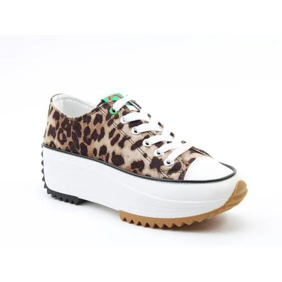 Heavenly Feet Strata women's brown cheetah textile vegan lace-up trainers with thick platform sole and chunky tread.