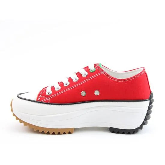 Heavenly Feet Strata Ladies red textile vegan lace-up trainers with chunky white platform sole and contrasting black and gum outsole.