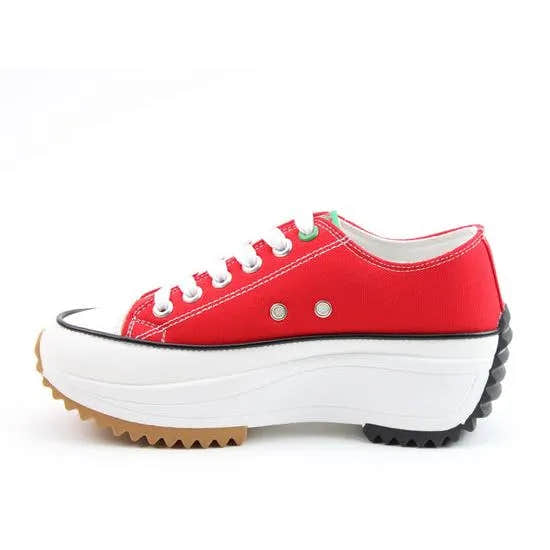 Heavenly Feet Strata Ladies red textile vegan lace-up trainers with chunky white platform sole and contrasting black and gum outsole.