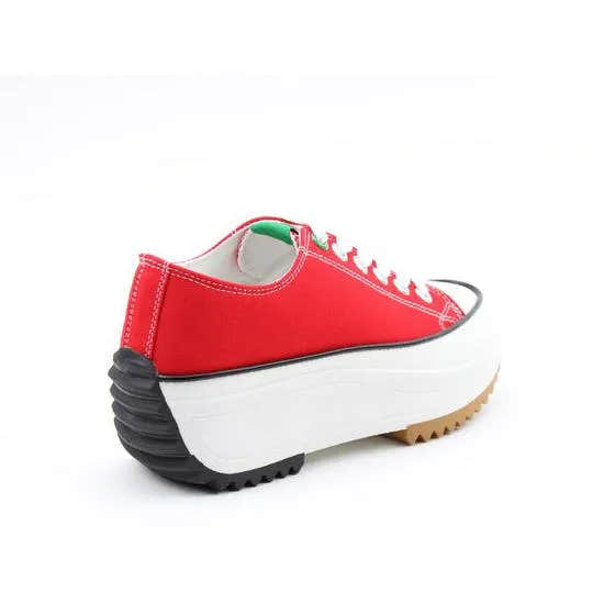 Heavenly Feet Strata Ladies Red Textile Vegan Lace-Up Trainers with thick platform sole and chunky outsoles.