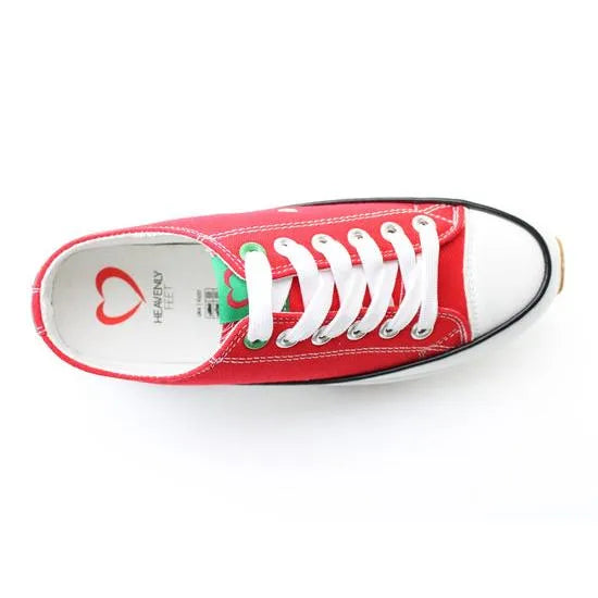 Heavenly Feet Strata women's red vegan lace-up trainers with white laces and textile upper, casual sneaker style.