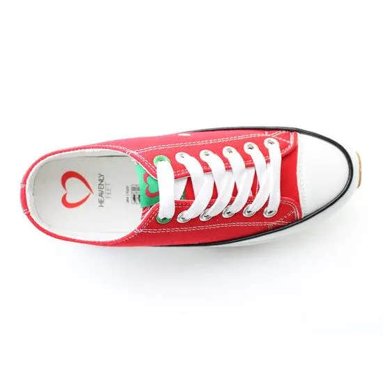 Heavenly Feet Strata women's red vegan lace-up trainers with white laces and textile upper, casual sneaker style.