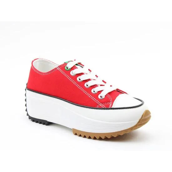 Heavenly Feet Strata Ladies Red Textile Vegan Lace-Up Platform Trainers with thick sole and contrasting rubber tread.