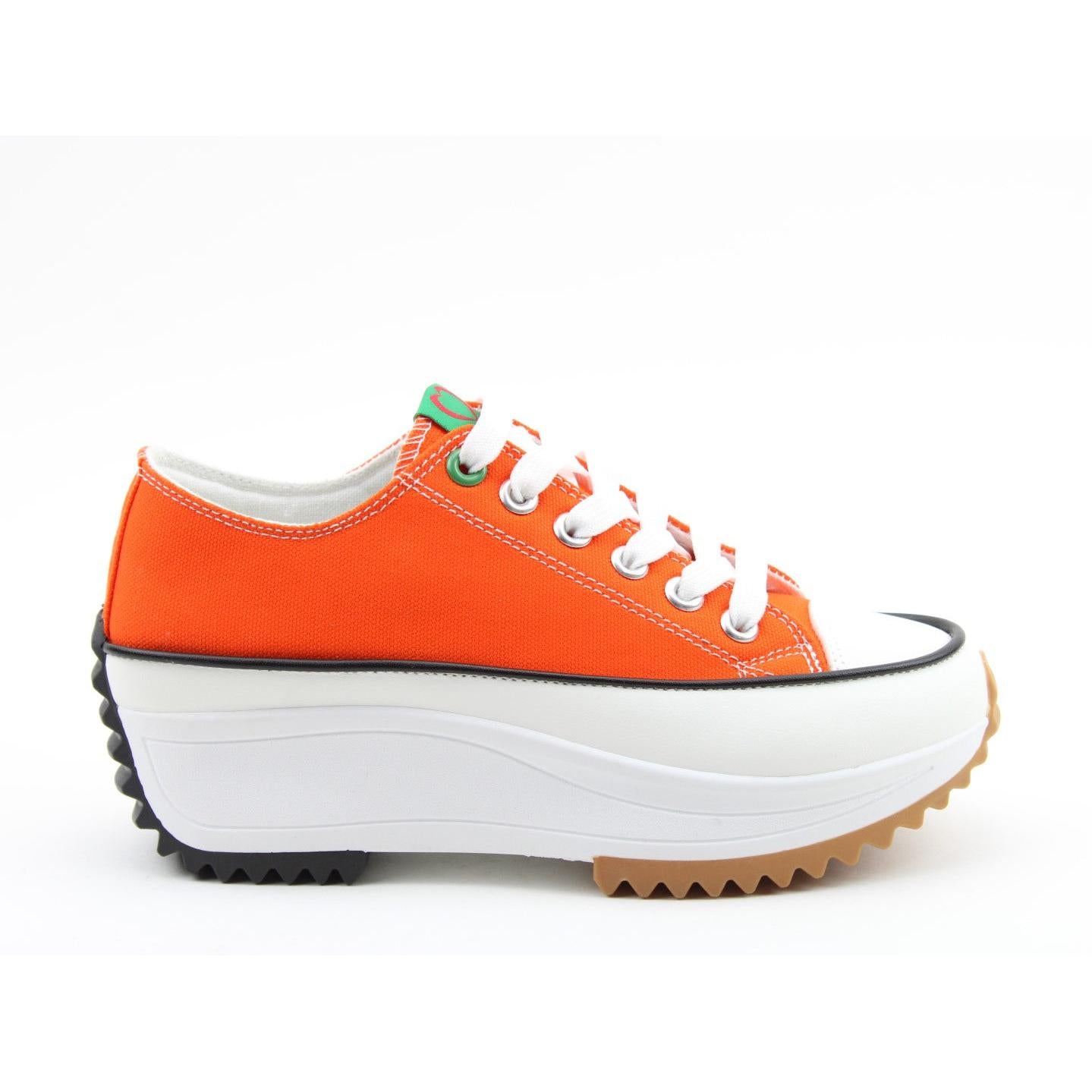 Heavenly Feet Strata Ladies orange textile vegan lace-up trainers with chunky white and beige sole.