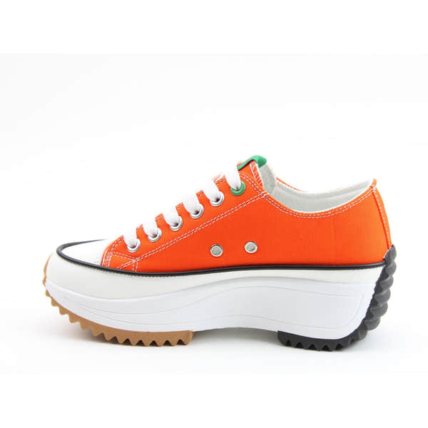 Heavenly Feet Strata Ladies orange textile vegan lace-up trainers with chunky white and black sole, eco-friendly design.