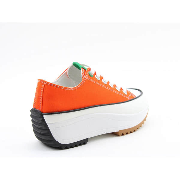 Heavenly Feet Strata Ladies orange textile vegan lace-up trainers with chunky white and black soles.