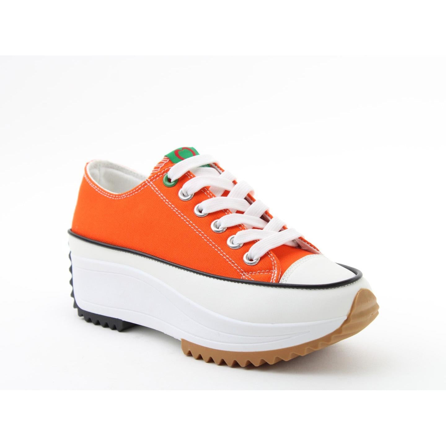 Heavenly Feet Strata Ladies orange textile vegan lace-up trainers with chunky white and gum sole, stylish and eco-friendly footwear.