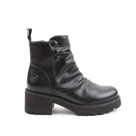 Heavenly Feet Sultan Ladies Black Vegan Side Zip Ankle Boots with chunky heel and slip-on design.