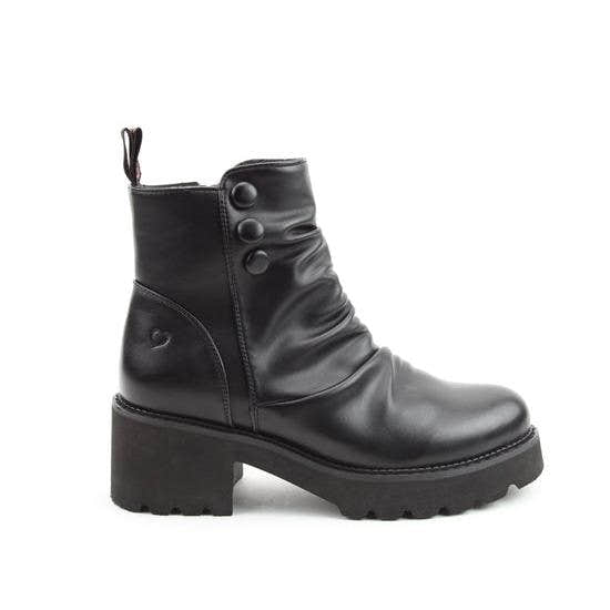 Heavenly Feet Sultan Ladies Black Vegan Side Zip Ankle Boots with chunky heel and slip-on design.