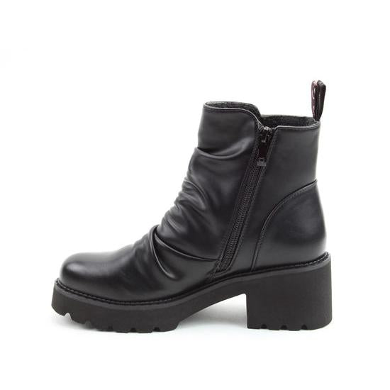 Heavenly Feet Sultan Ladies black vegan ankle boots with side zip, chunky heel, and ruched detailing.