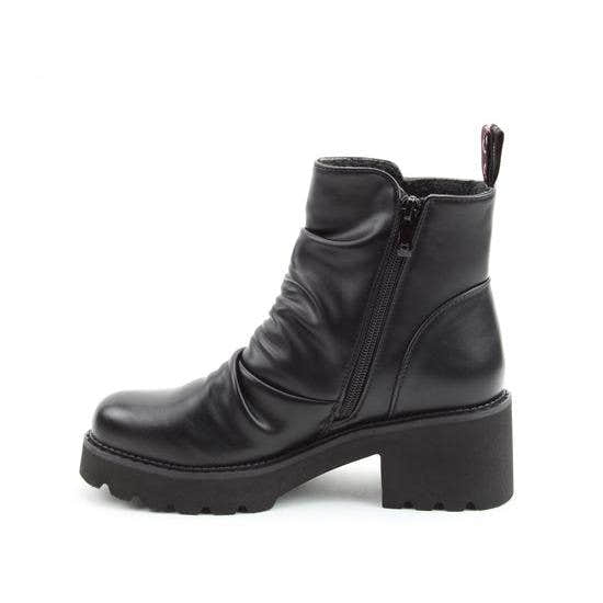 Heavenly Feet Sultan Ladies black vegan ankle boots with side zip, chunky heel, and ruched detailing.