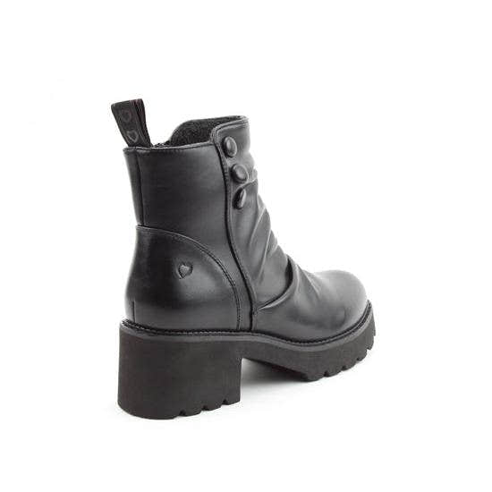 Heavenly Feet Sultan Ladies Black Vegan Side Zip Ankle Boots with chunky heel and zipper closure.