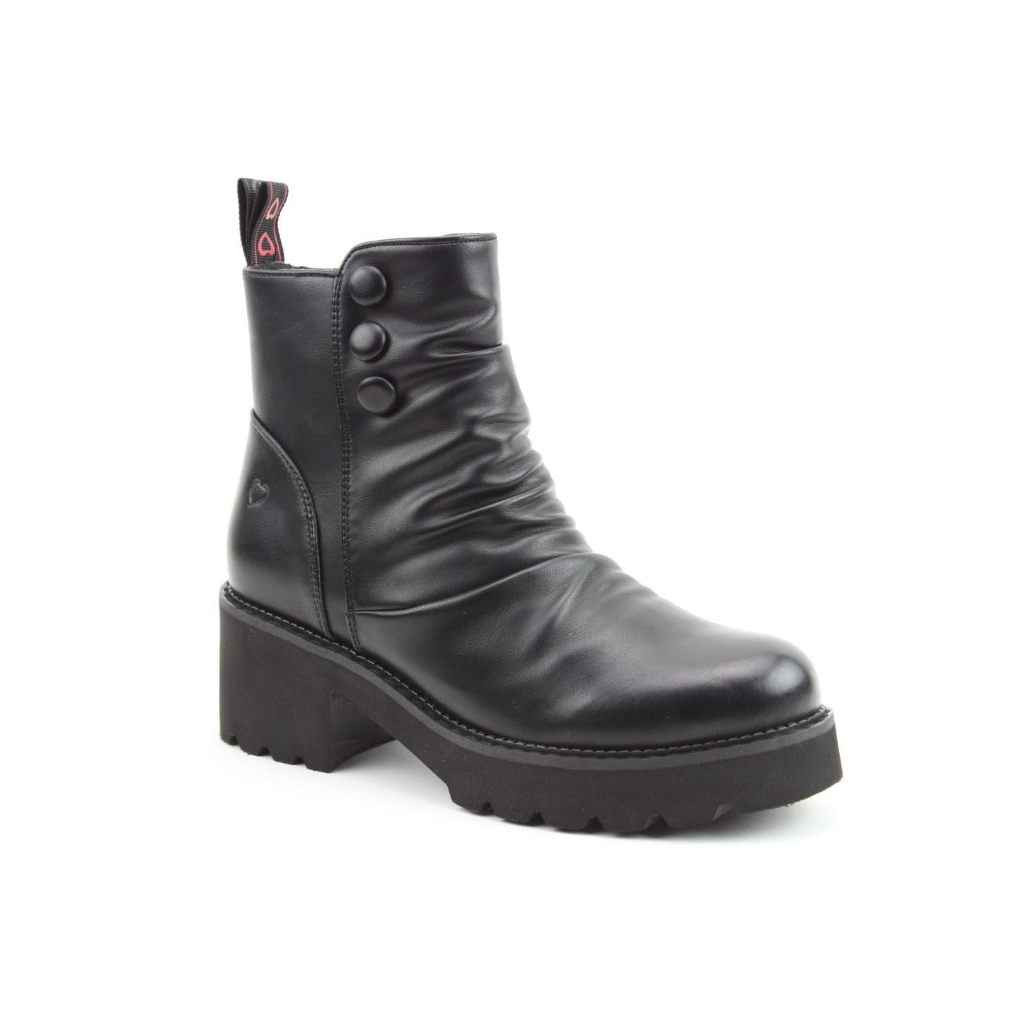Heavenly Feet Sultan Ladies Black Vegan Side Zip Ankle Boots with chunky heel and button details.