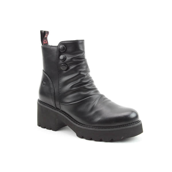 Heavenly Feet Sultan Ladies Black Vegan Side Zip Ankle Boots with chunky heel and button details.