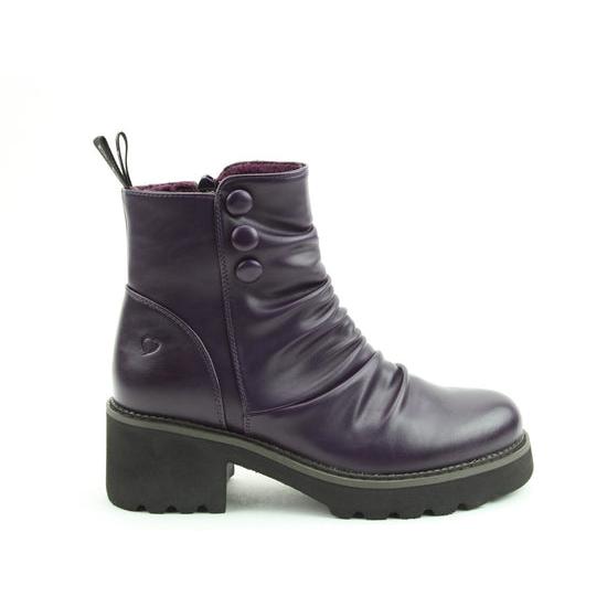 Heavenly Feet Sultan Ladies Purple Vegan Side Zip Ankle Boots with chunky heel and ruched design.