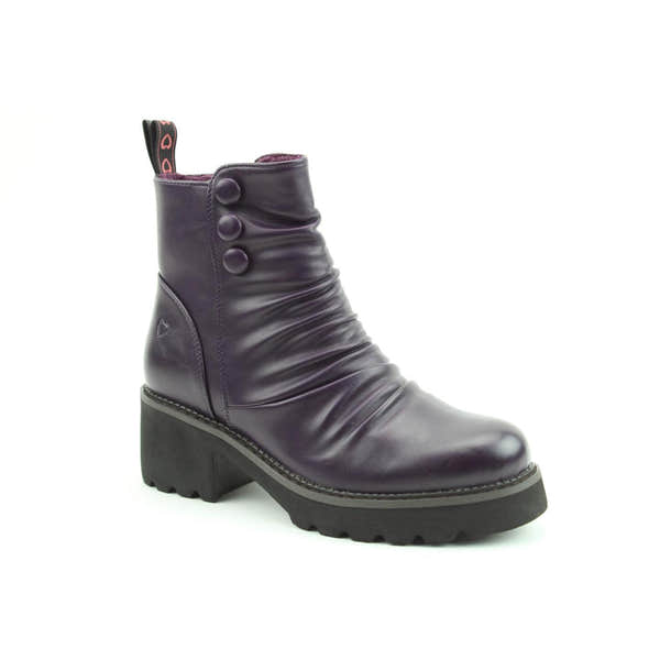 Heavenly Feet Sultan Ladies purple vegan ankle boots with side zip, ruched design, and chunky heel.