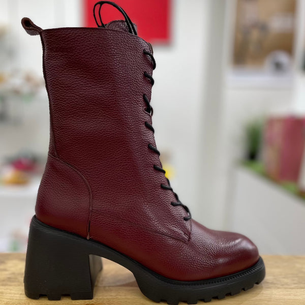 Wonders G-6704 Ladies Spanish Wine Red Leather Zip & Lace Ankle Boots