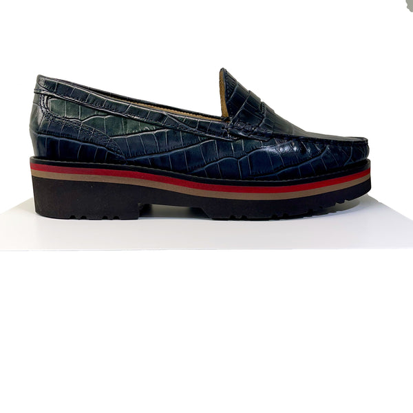 EYS 50564 Ladies Navy Croc Leather Slip On Loafers