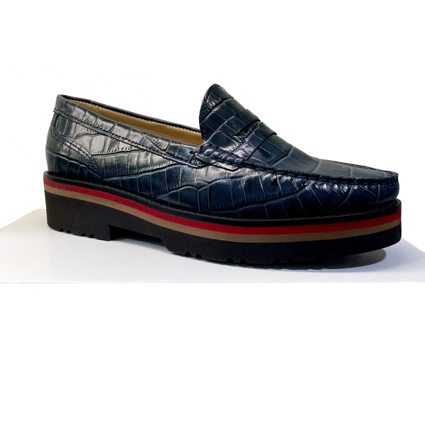EYS 50564 Ladies Navy Croc Leather Slip On Loafers