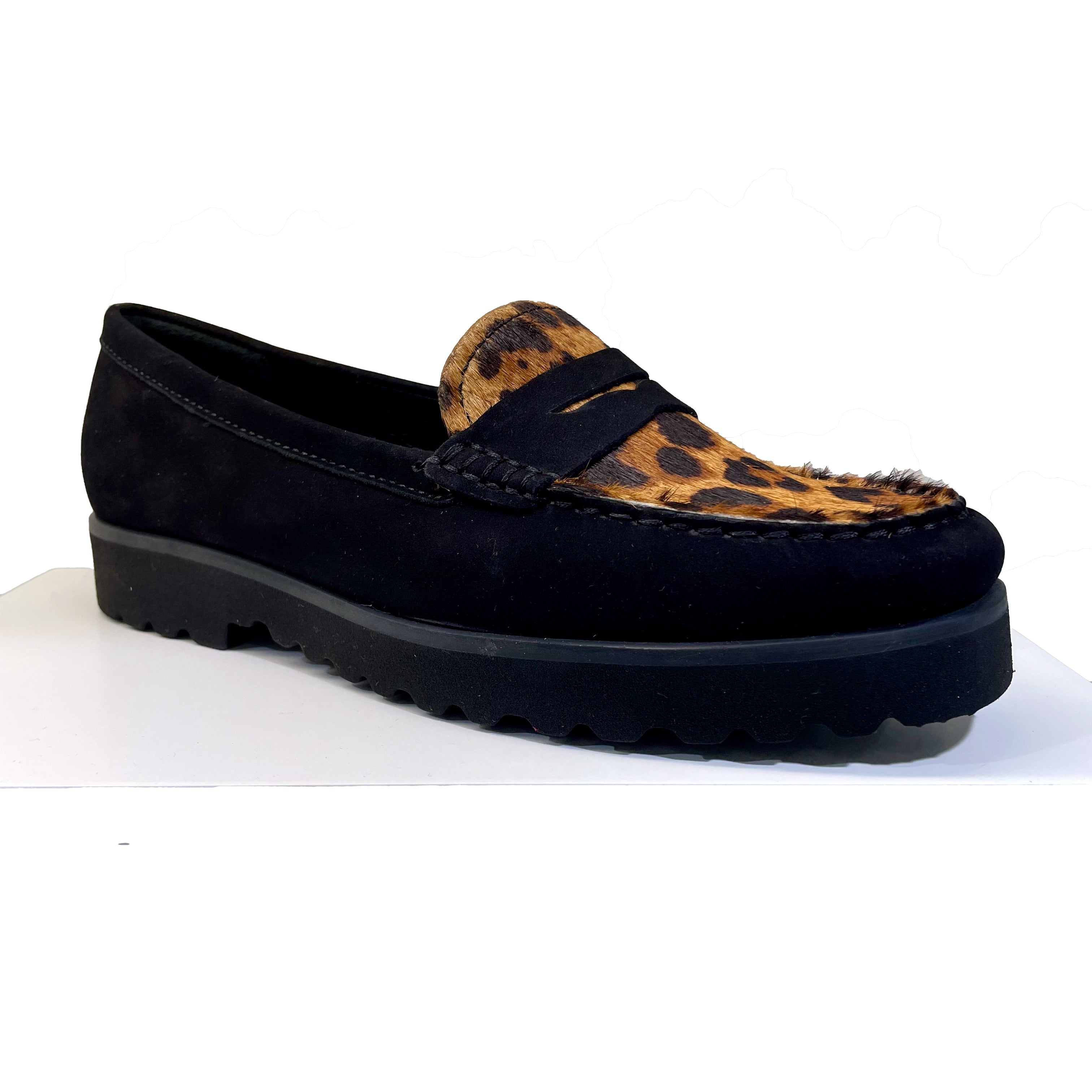 EYS 16529 Ladies Black Nubuck And Leopard Print Leather Slip On Loafers