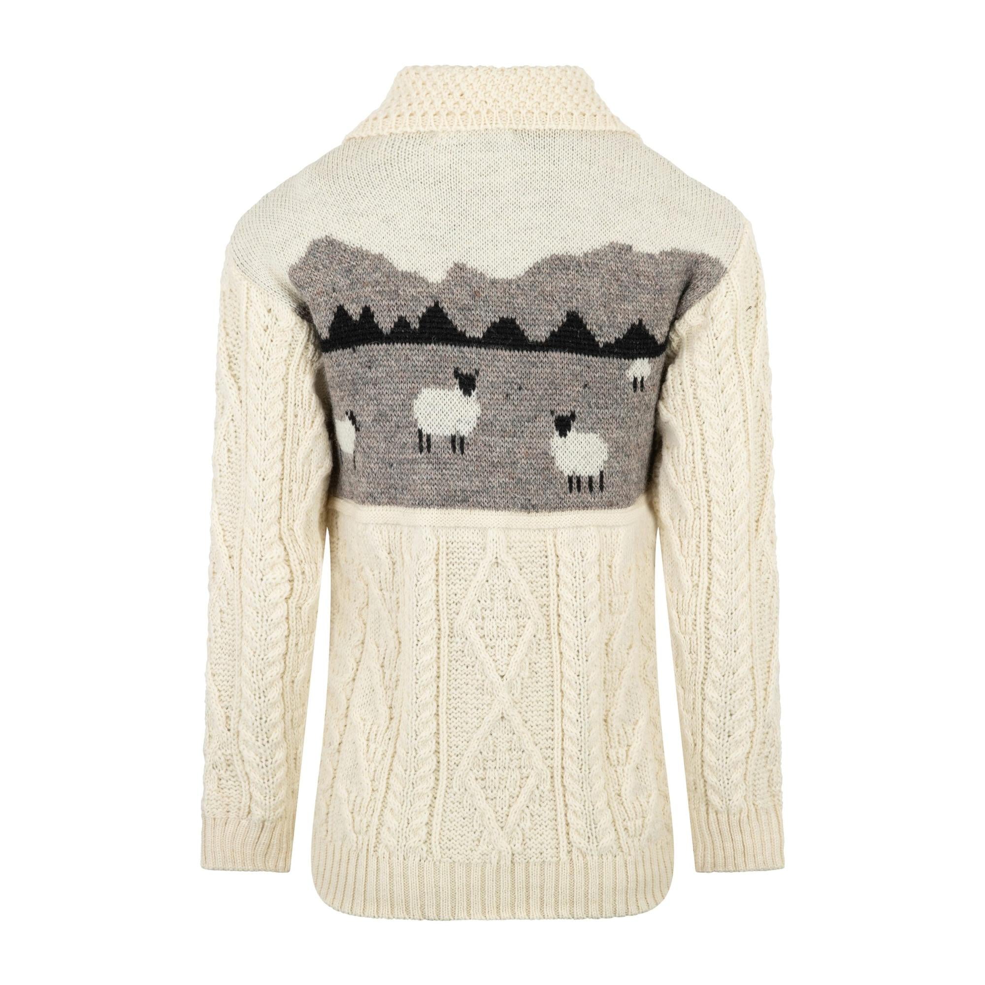 J M Cooper Ladies Aran Wool Sheep Scene Cardigan with cable knit design and mountain landscape embroidery.