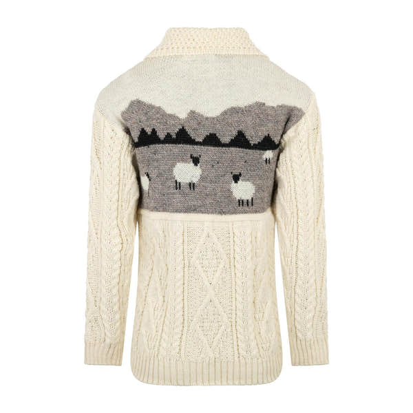 J M Cooper Ladies Aran Wool Sheep Scene Cardigan with cable knit design and mountain landscape embroidery.