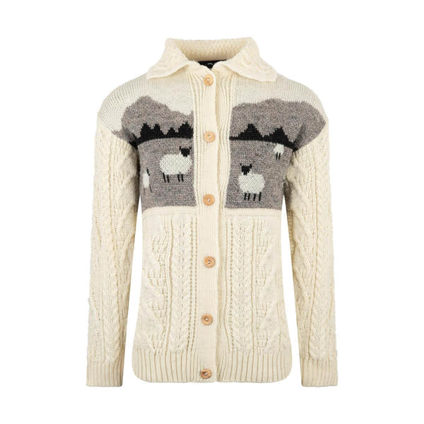 J M Cooper Ladies Aran Wool Sheep Scene Cardigan with cable knit accents and button closure.
