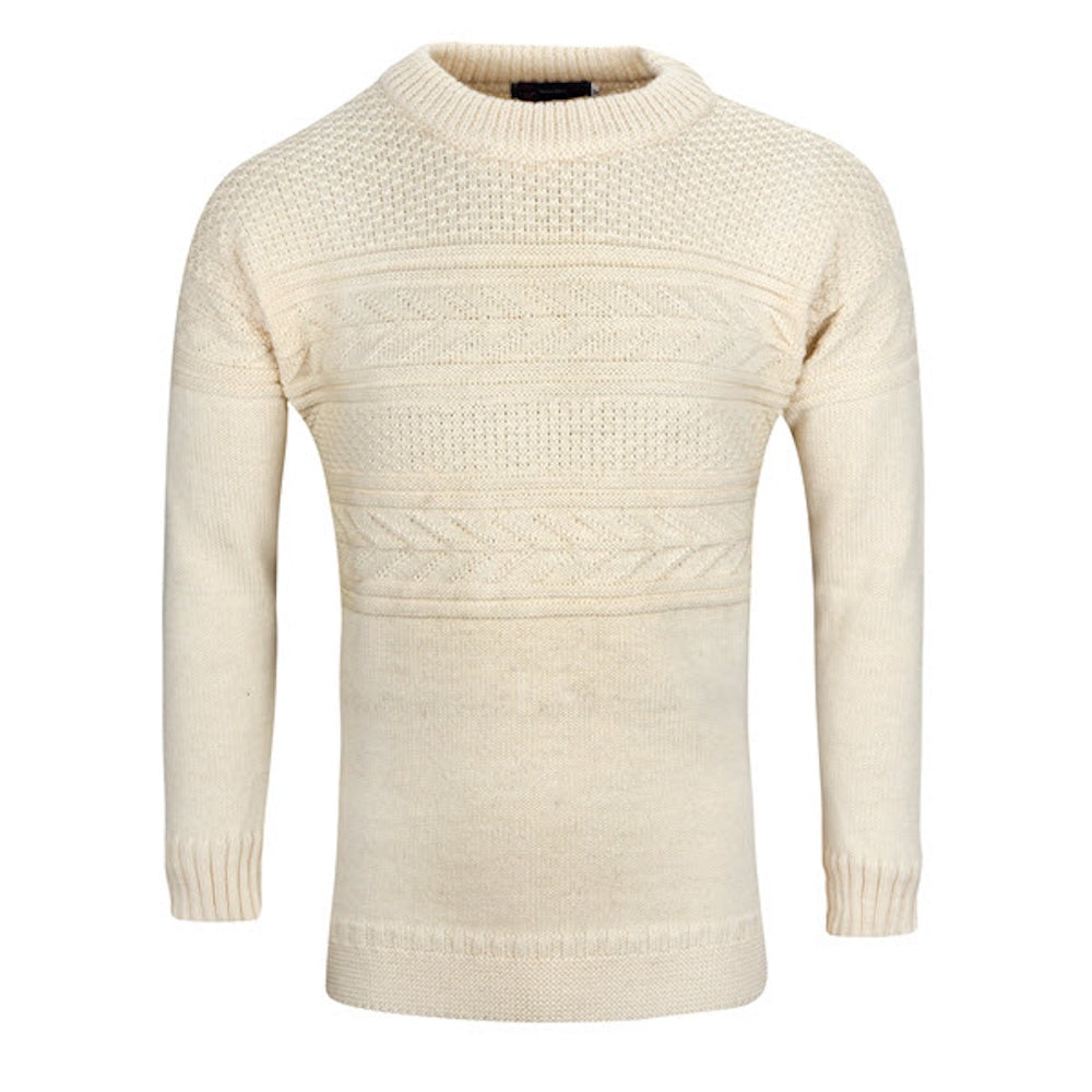 J M Cooper men's wool Guernsey jumper in ecru with textured knit pattern and crew neckline.