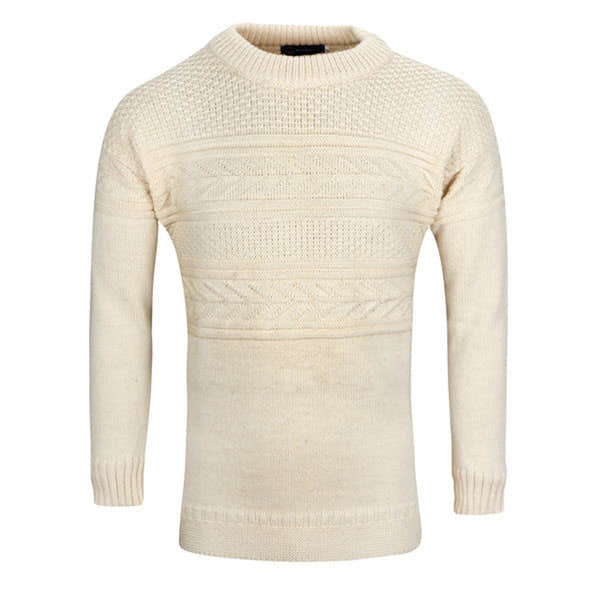 J M Cooper men's wool Guernsey jumper in ecru with textured knit pattern and crew neckline.