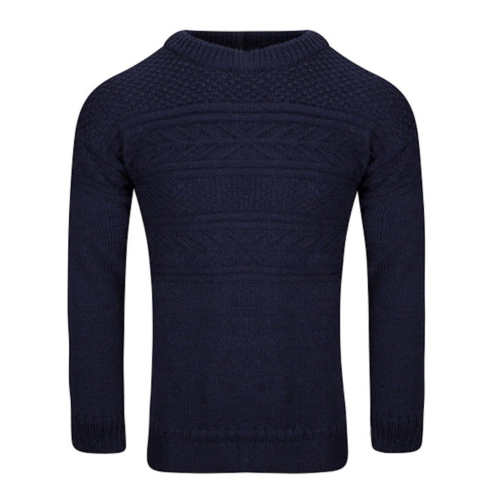 J M Cooper men's navy wool Guernsey jumper with textured knit pattern and crew neckline.