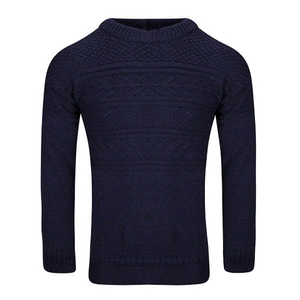 J M Cooper men's navy wool Guernsey jumper with textured knit pattern and crew neckline.