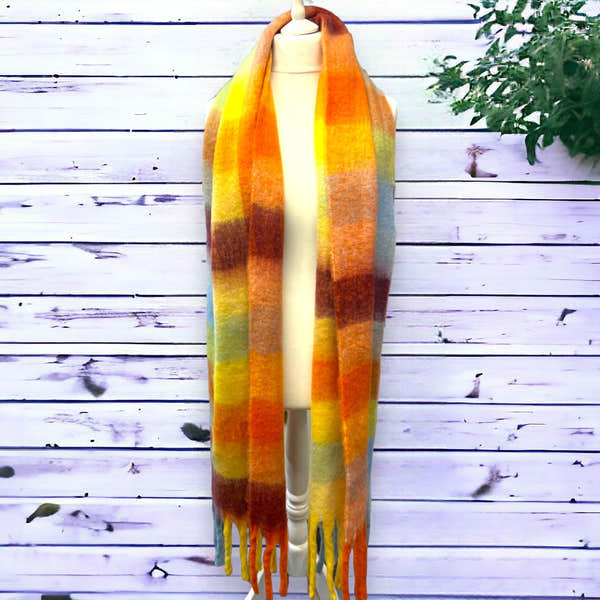 Jess & Lou Colour Block Super Soft Checked Winter Scarf SW564 in vibrant orange, yellow, green, blue, and brown plaid pattern with fringed edges.