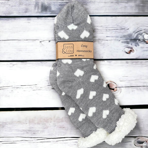 Gray cozy lined socks with white heart and cloud patterns, from Jess & Lou Happy Hearts collection, perfect for comfort.