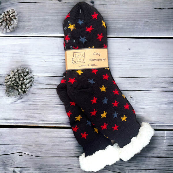 Black cozy lined socks with colorful red, yellow, and blue star patterns, featuring white fleece cuff for warmth.