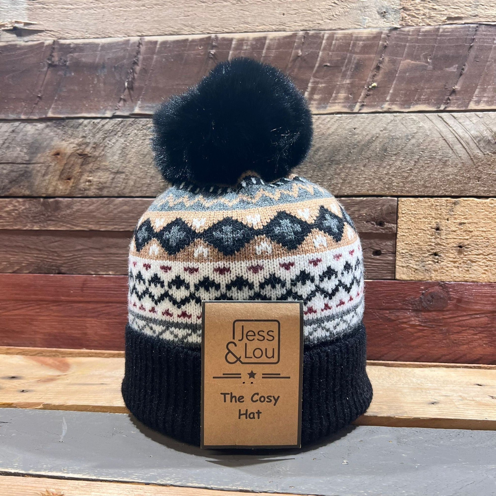 Jess & Lou Unisex Black Nordic Cosy Bobble Hat HL876