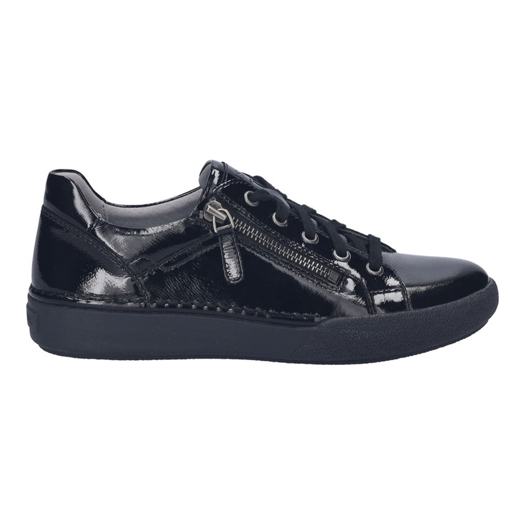 Josef Seibel Claire 13 women's black leather trainers with zip and lace-up closure, arch support, and slip-resistant sole.