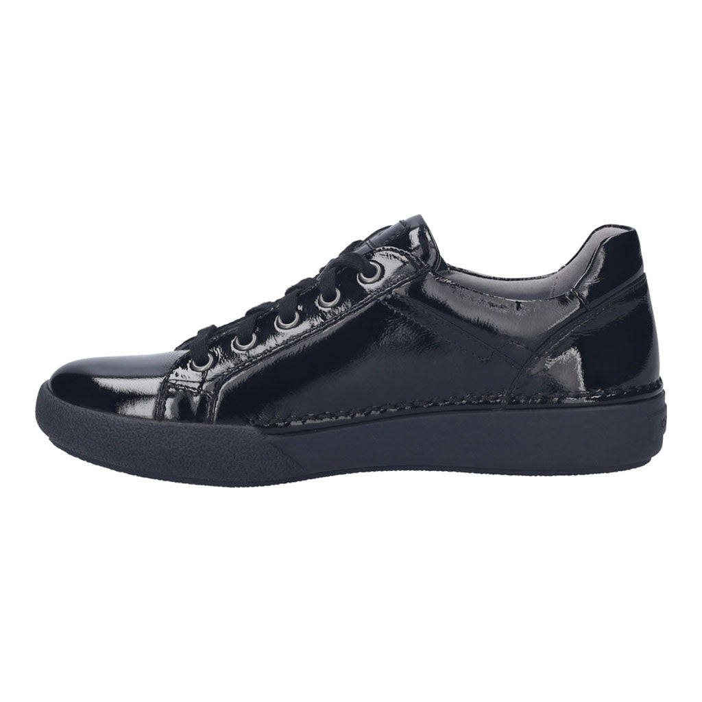 Josef Seibel 69913 Claire 13 Ladies black patent leather trainers with zip and lace fastening, arch support, and comfortable sole.