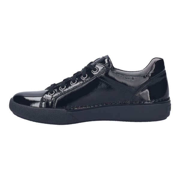 Josef Seibel 69913 Claire 13 Ladies black patent leather trainers with zip and lace fastening, arch support, and comfortable sole.