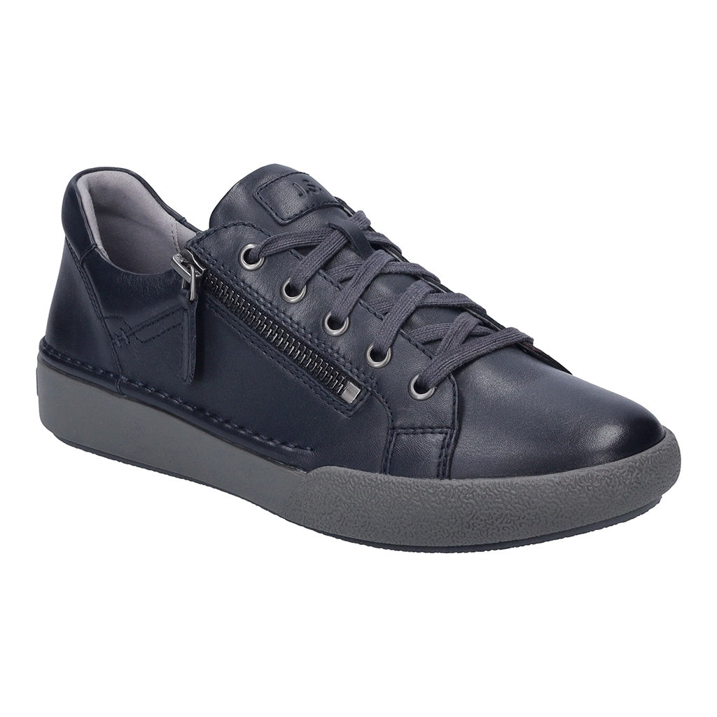 Josef Seibel 69913 Claire 13 Ladies navy leather trainers with zip and lace-up closure, arch support, and grey rubber sole.