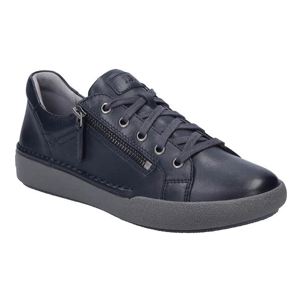 Josef Seibel 69913 Claire 13 Ladies navy leather trainers with zip and lace-up closure, arch support, and grey rubber sole.