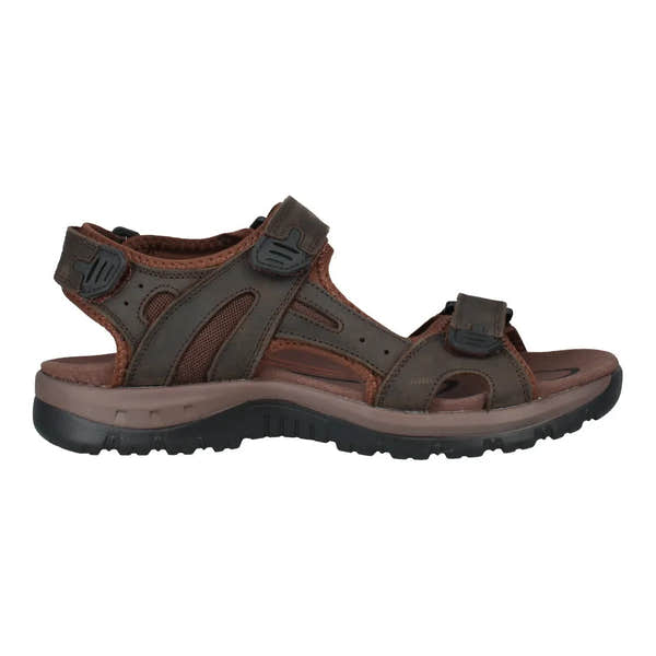 Josef Seibel men's brown leather and textile open-toe sandals with touch fastening straps and rugged rubber sole.