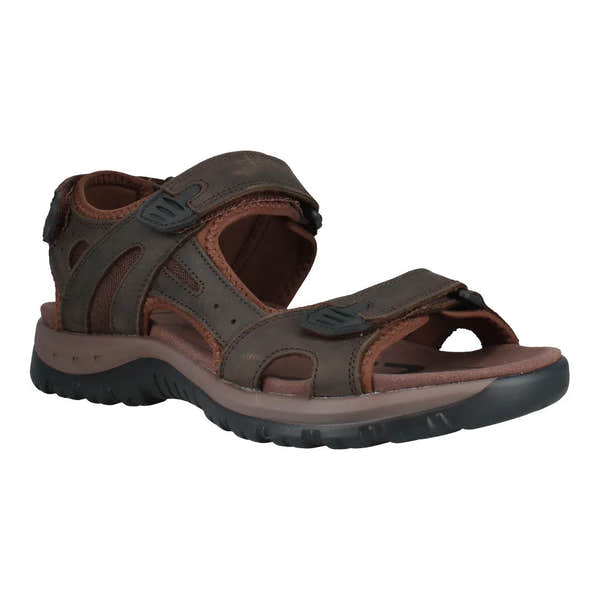 Josef Seibel men's brown leather and textile sport sandal with touch fastening straps and rugged sole.