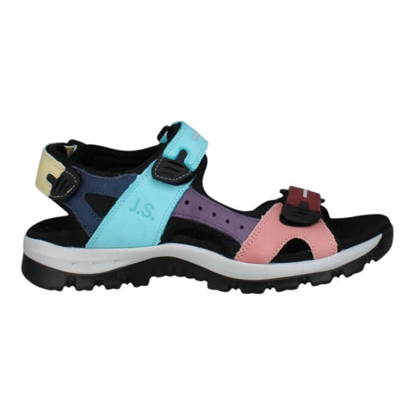 Josef Seibel Bella 10 ladies aqua leather and textile sandal with touch fastening straps, multicolored design, and black sole.