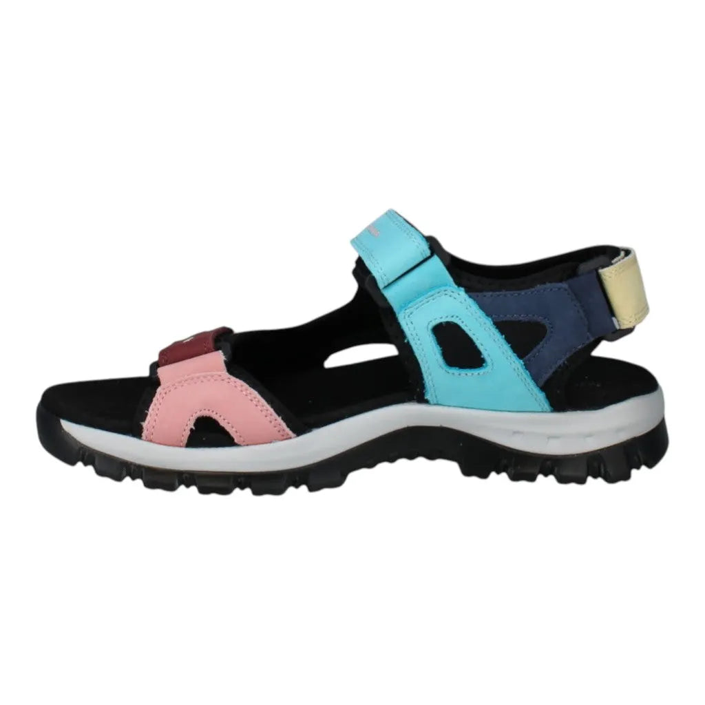 Josef Seibel Bella 10 ladies aqua leather and textile sandal with touch fastening, black sole, multicolored straps.