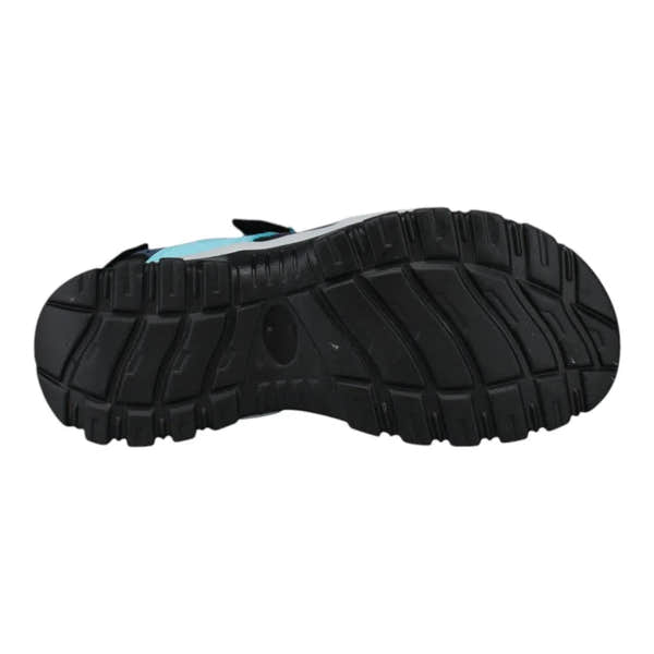 Josef Seibel Bella 10 ladies aqua leather and textile sandal with touch fastening, black sole, and ergonomic design.