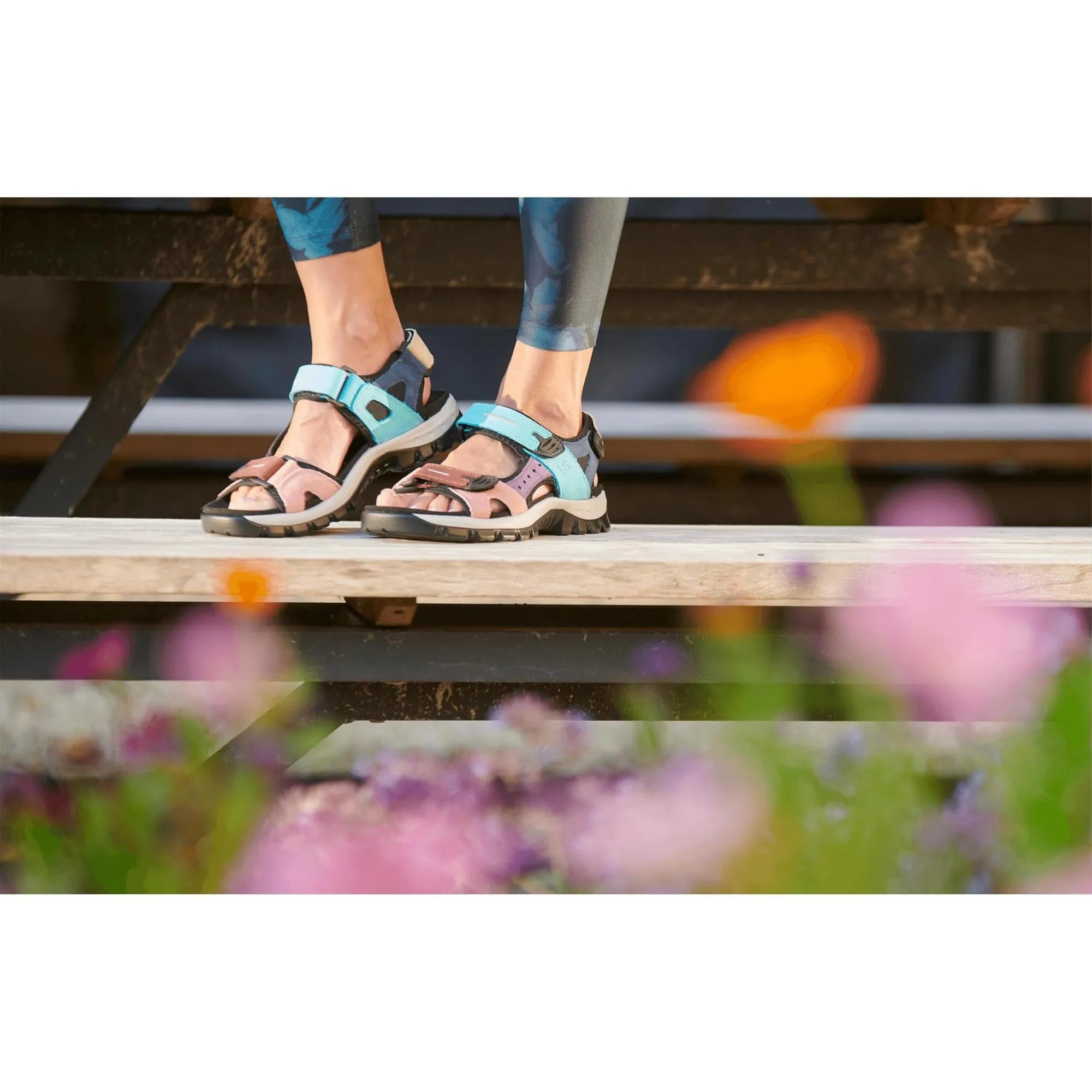 Josef Seibel Bella 10 aqua leather and textile sandals with touch fastening, open-toe design, chunky sole, and adjustable straps.