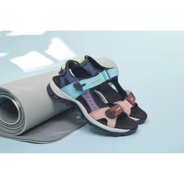 Josef Seibel Bella 10 ladies aqua leather and textile touch fastening sandals with black soles, multicolor straps, and adjustable buckles.