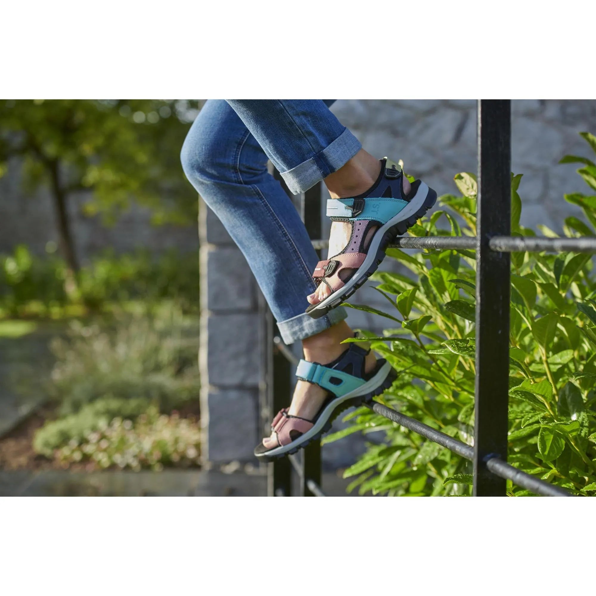 Josef Seibel Bella 10 ladies aqua leather and textile touch-fastening sandals, outdoor style, open toes, cushioned soles.