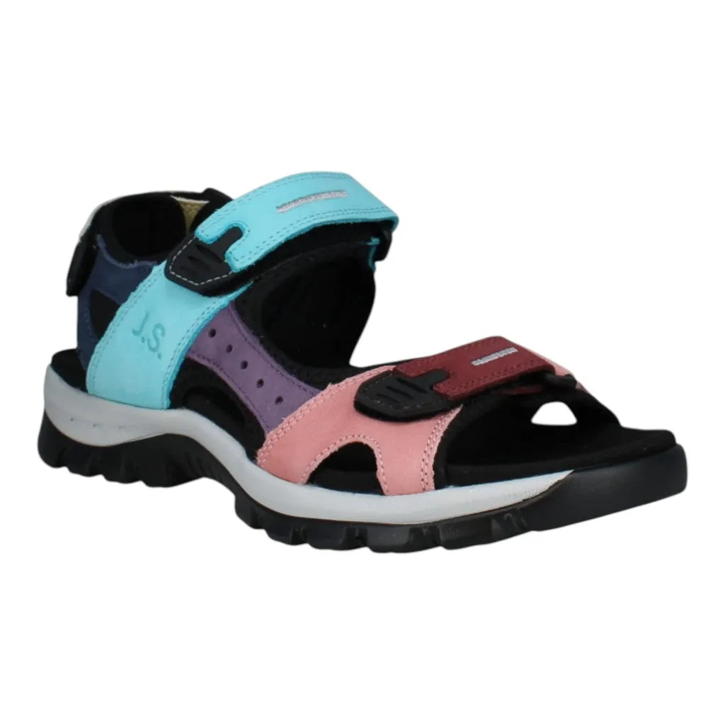 Josef Seibel Bella 10 women's aqua, pink, purple, black leather and textile touch-fastening sandals.